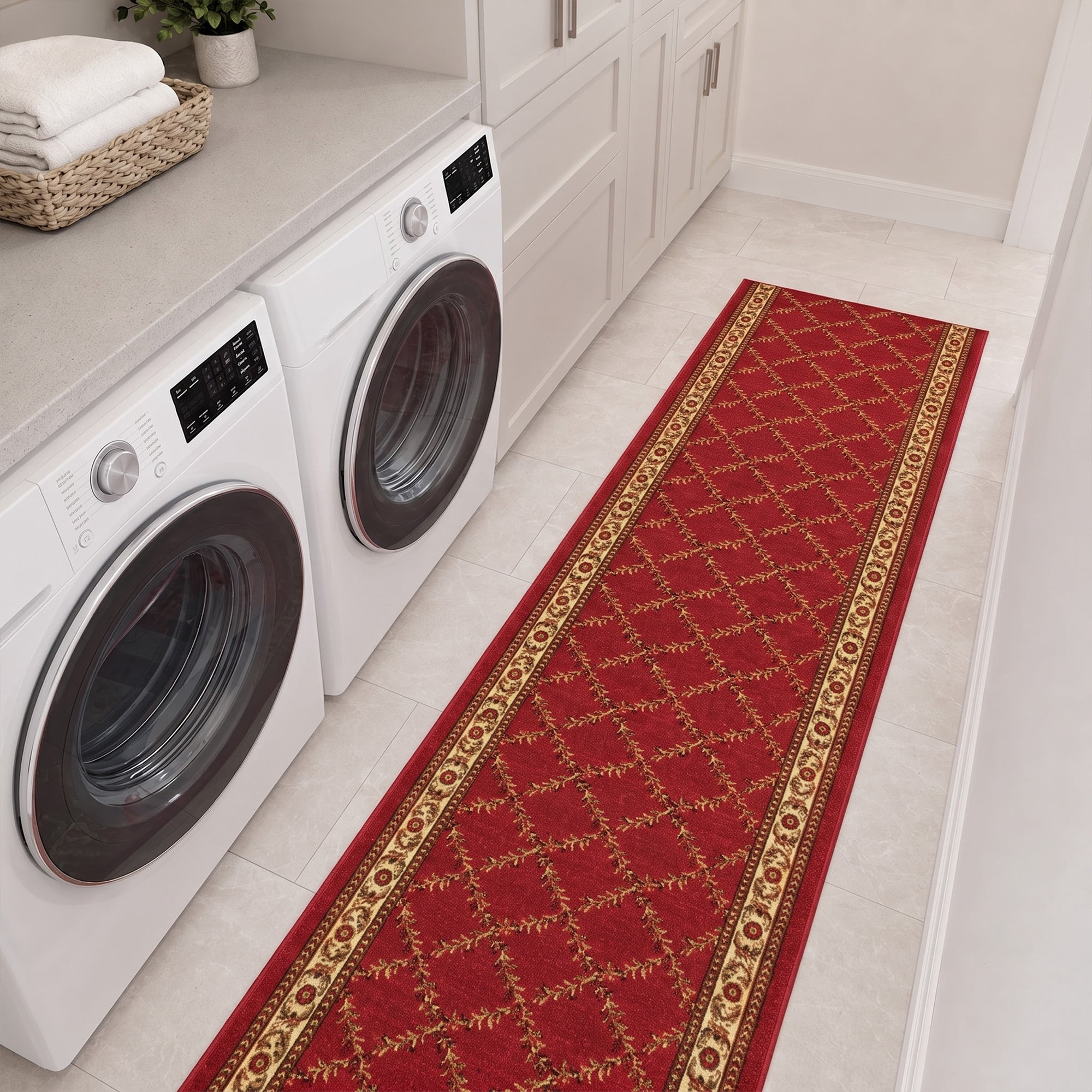 Ottomanson Extra Long Runner Rug 2'7" x 15' – Non-Slip Low Pile Hallway Carpet, Trellis Burgundy Red