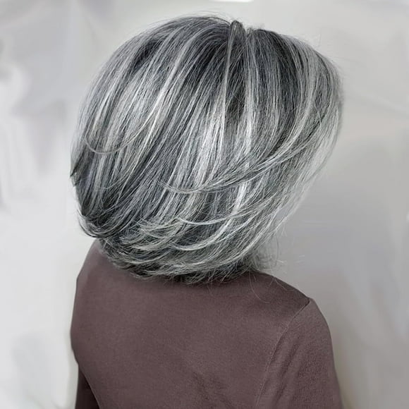 Woeilo Silver Gray Wavy Bob Layered Wigs with Curtain Bangs for Women Short Light Grey Wig Layered Curly Bob Highlight Pixie Cut Wig for Black Women Synthetic Silver Hair Wigs for Daily Party Use