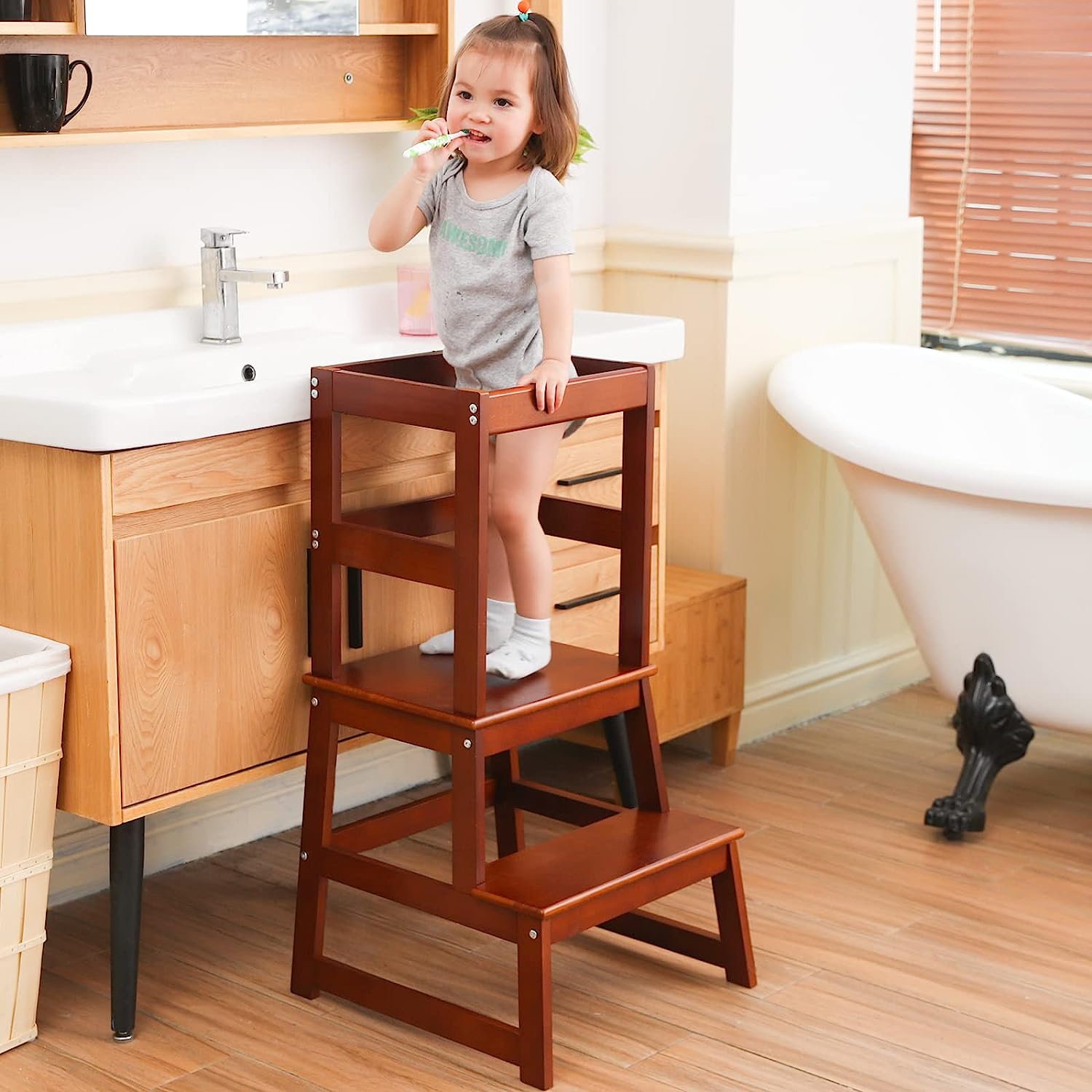 Kids Kitchen Step Stool for Kids with Safety Rail Solid Wood