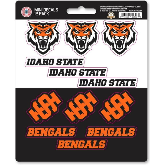 Idaho State University Bengals 12-Piece Mini Decal Sticker Set, 5x6 Inch Sheet, Gift for football fans for any hard surfaces around home, automotive, personal items