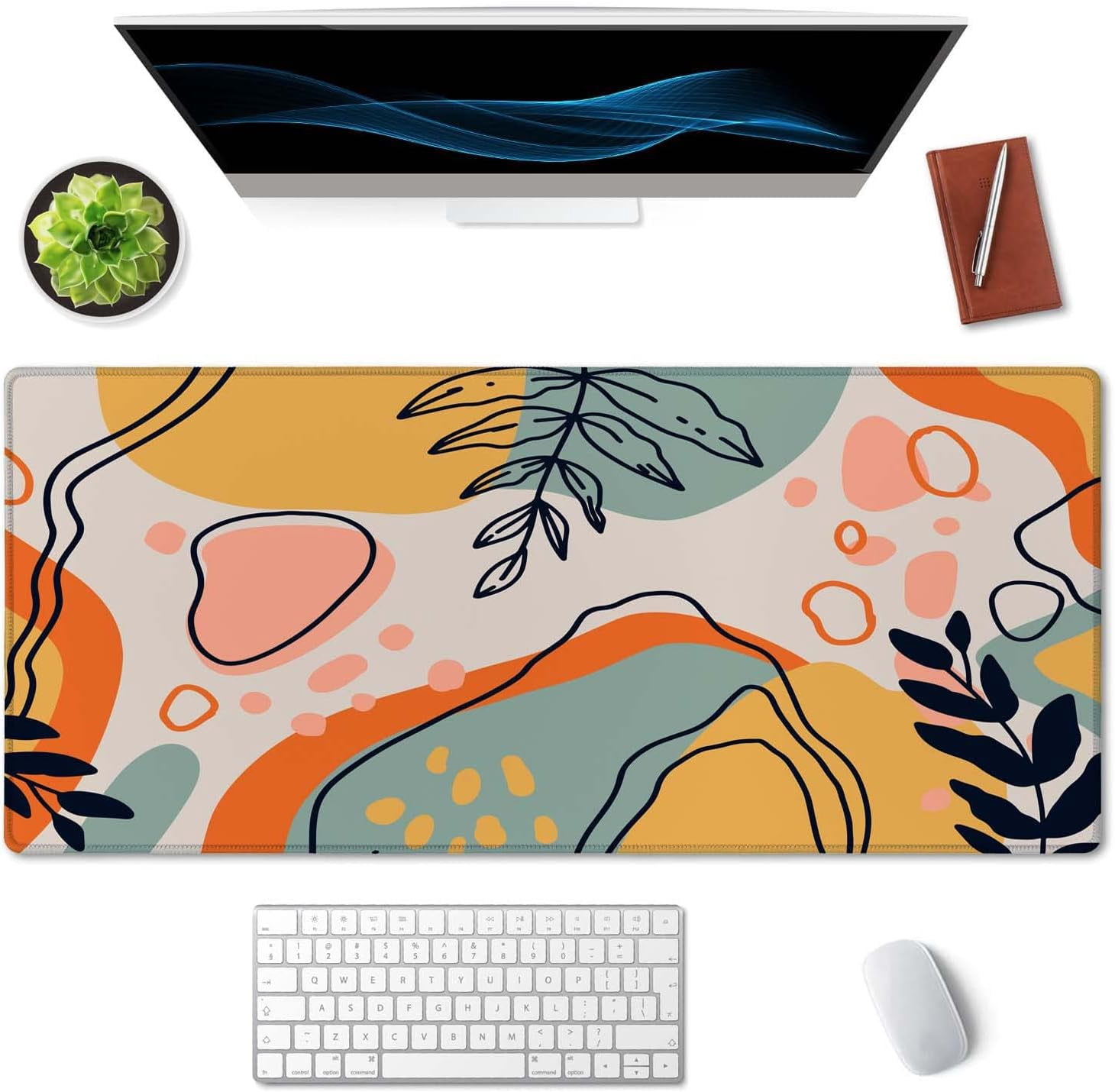 Colorful Floral Boho Desk Mat, Abstract Desk Mat, Extended Mouse Pad, Extra Large Desk Mat, Large Mouse Pad Non-Slip Water-Resistant Rubber Base Computer Keyboard Mouse Mat, 35.4 x 15.7-inch