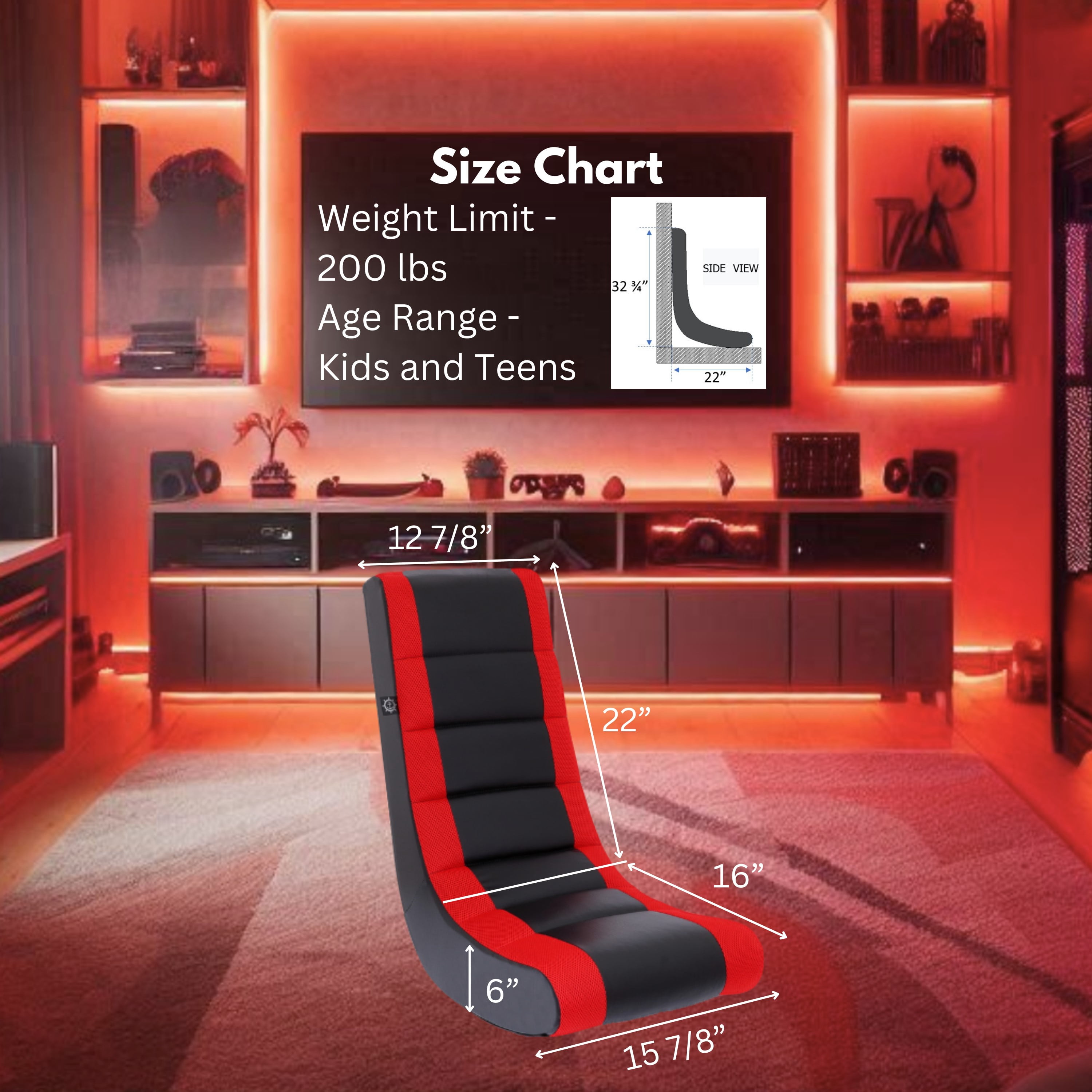 The Crew Furniture Classic Video Rocker Floor Gaming Chair, Kids and Teens, PU Faux Leather & Polyester Mesh, Black/Red