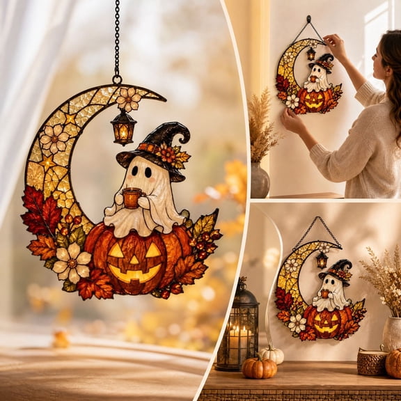 Luoshdecor Halloween Decorations Cute Ghost Pumpkin Window Hanging Ornament,7.87 Inch Spooky Design for Window,Door,Porch and Wall