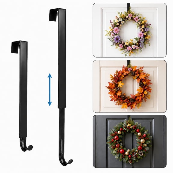TSV Adjustable Wreath Hanger for Front Door, 15–25 Inch Heavy Duty Door Hook, 20 lbs Capacity Wreath Holder for Christmas, Fall, Easter & Spring Decorations, Black