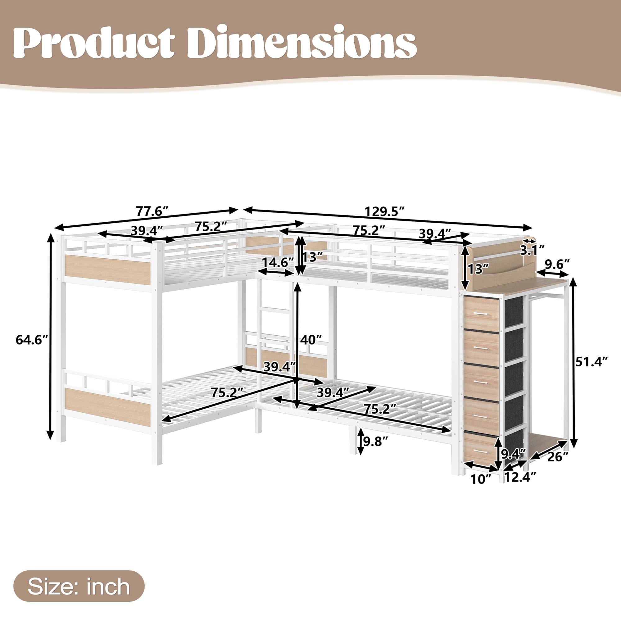 GARITIN Quad Twin Metal Bunk Bed 129.53 Inch, 4 Twin Bed Frame with Storage Drawers and Wardrobe for Kids Room, White
