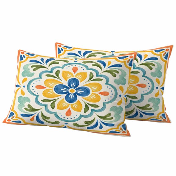 Outdoor Waterproof Throw Pillow Covers Set of 2 Yellow Mediterranean Flower Pillowcases Lumbar Outdoor Pillows Cushion Case 20x12 Inch Green Leaves Border Frame Patio Pillows for Couch Sofa Bed