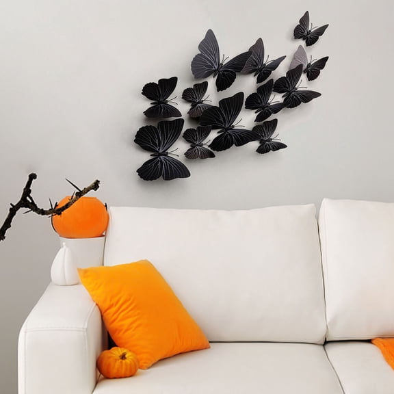 12-Piece Black 3D Artificial Butterfly Wall Decor Set, Removable Mural Decals with Magnets and Adhesive for Bedroom, Living Room, Party and Gothic Home Display, Black