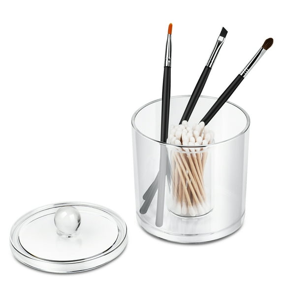 Cotton Balls Swabs Organizer with Lids, 4 x 5 inch Round Q-Tips Pads Holder Bathroom Canister Jar, Clear Acrylic Storage Container for Cosmetic Makeup Sponges Wipes, Eyebrow Blush Brush