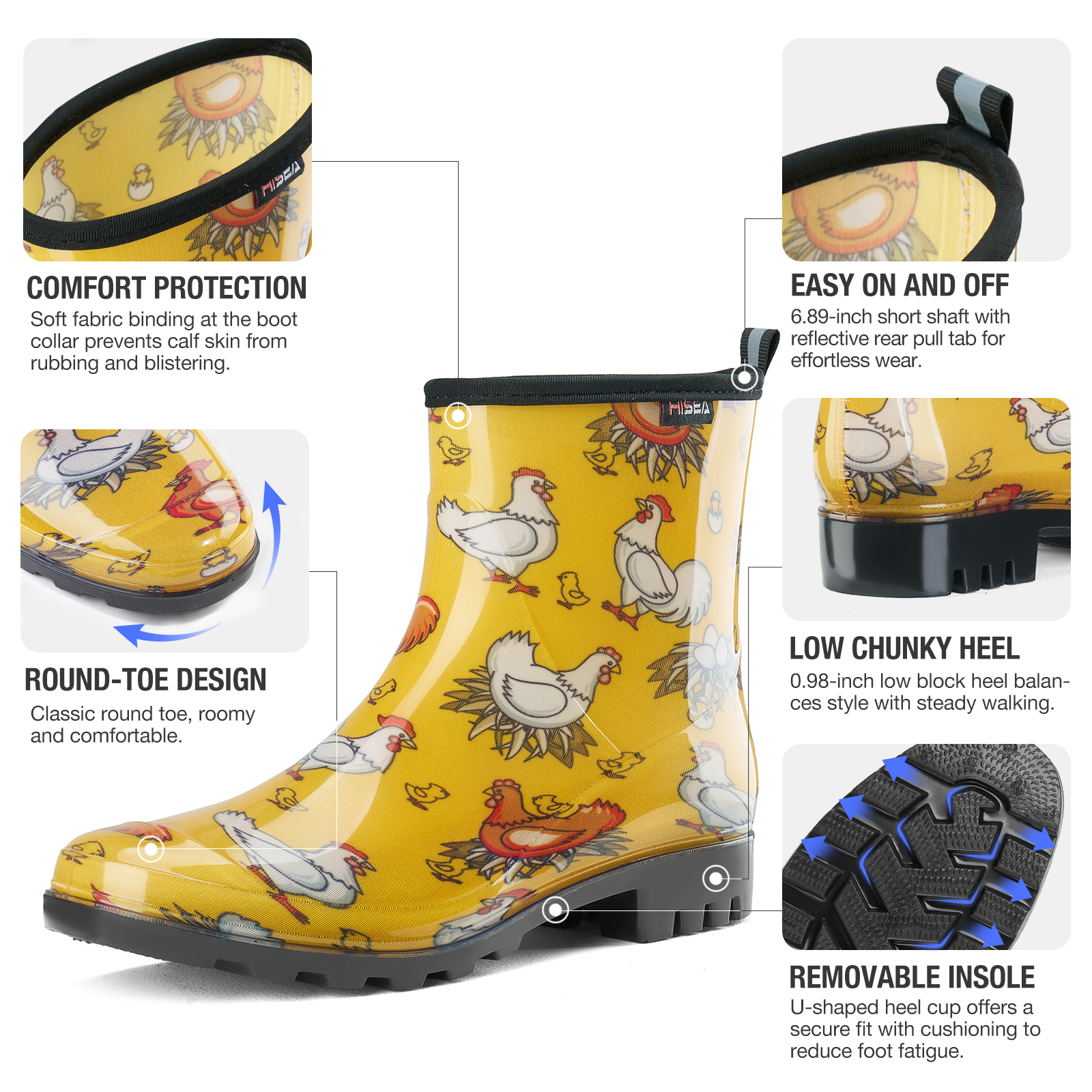 Waterproof Women's Ankle Rain Boots, Non-slip Short Garden Boots，Yellow Chicken Size 8