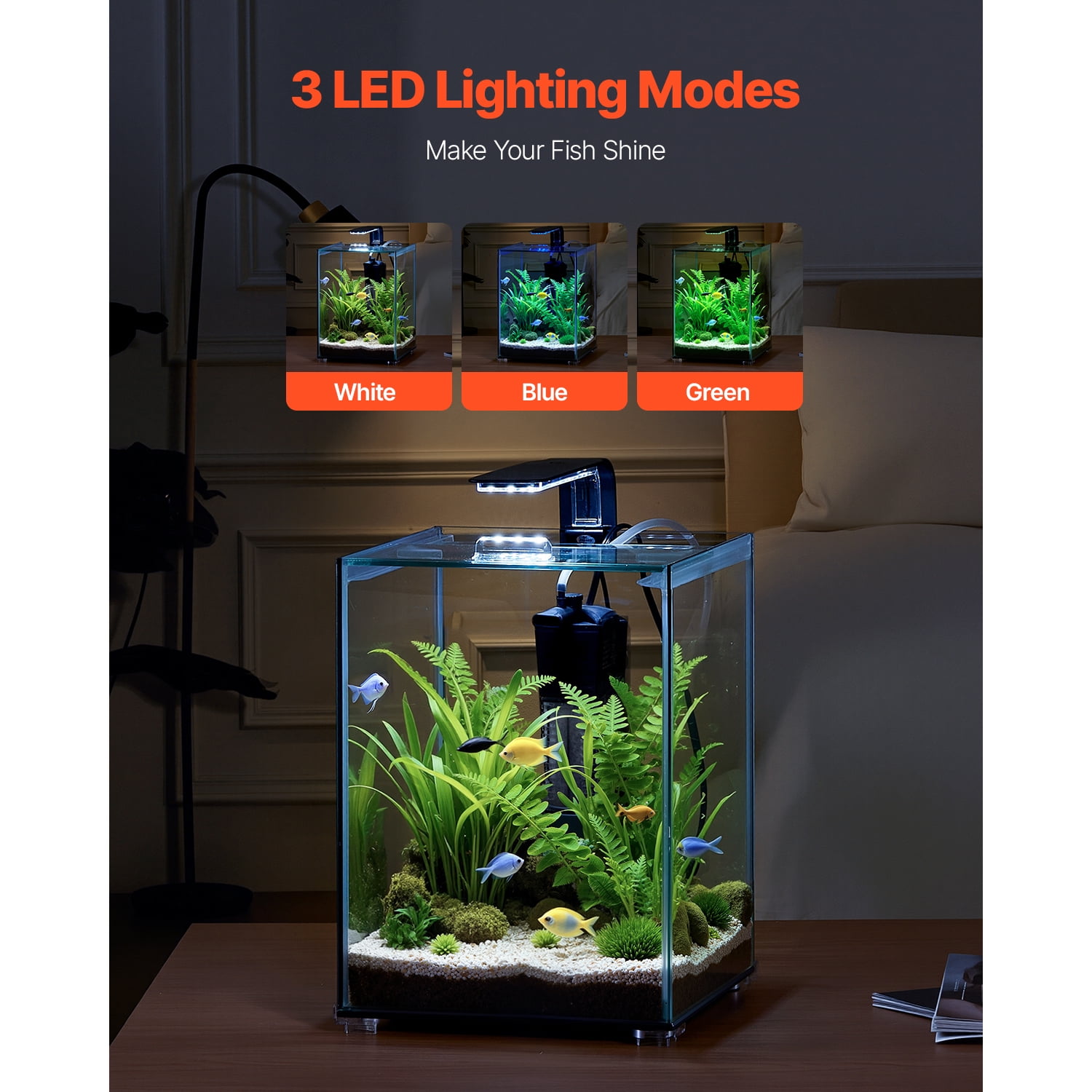 KFFKFF 5 Gallon Square Ultra-Clear Glass Aquarium with Adjustable 3-Color Lighting and Self-Cleaning System for Freshwater and Saltwater Fish, Ideal for Home, Office, or Pet Use