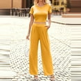thumbnail image 4 of Knitted Two Piece Outfit For Women Short Sleeve Slim Cropped Top Wide Leg Long Pants Summer Tracksuits Lounge Set, 4 of 8