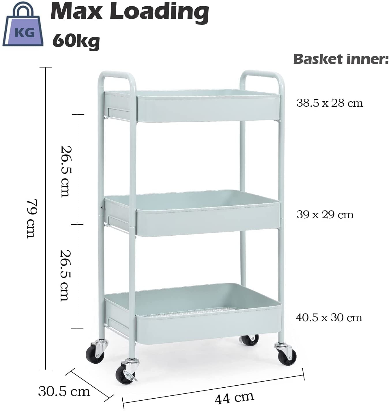 KK KINGRACK 3-Tier Rolling Cart, Metal Utility Cart with Wheels ,Office School Organizer, Green