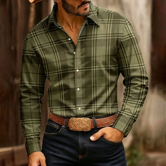 Gamivast Men's Plaid Flannel Shirts Long Sleeve Button Down Casual Collared Tops Classic Fit Checkered Dress Shirts for Fall Winter Daily Workwear Western Style Green L