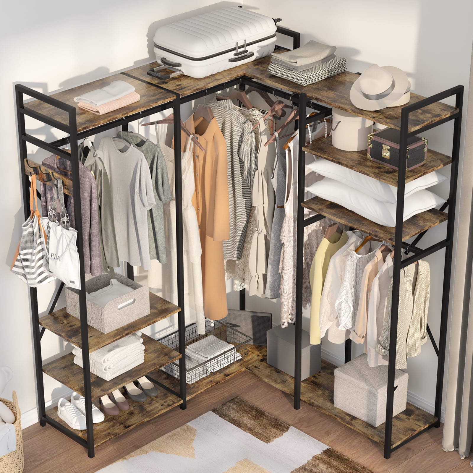 L Shaped Clothing Rack Freestanding Closet Organizers with Storage Shelves  and 4 Hanging Rods, 47.24 L x 47.24 W x 78.74 H - On Sale - Bed Bath &  Beyond - 35729396