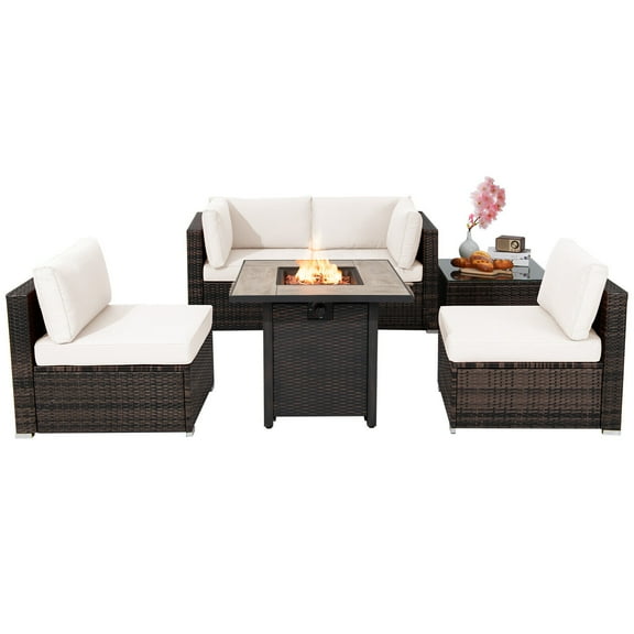 Patiojoy 6 PCS Patio Wicker Furniture Set With 30" Gas Fire Pit Table 50,000 BTU White Cushions