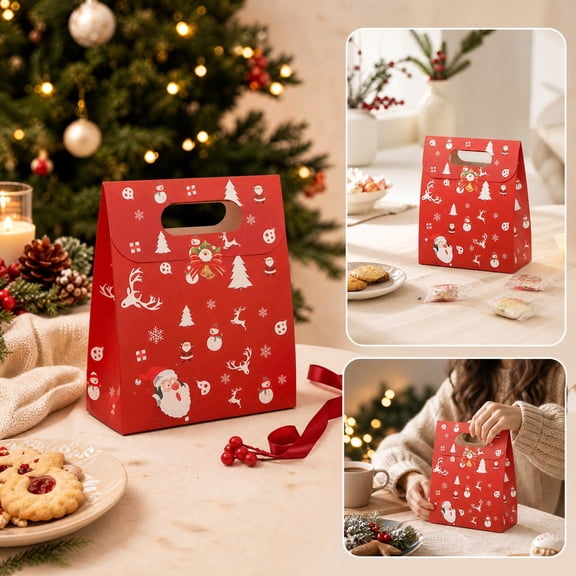 20-Pack Christmas Gift Bags – Red & Green Holiday Treat Bags with Die-Cut Handles & Reindeer Printed Paper Sacks for Cookies