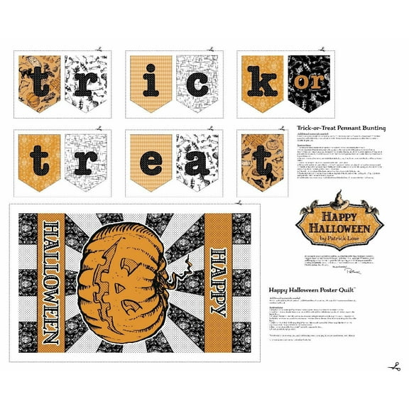 Happy Halloween Poster Quilt and Bunting 100% cotton fabric panel