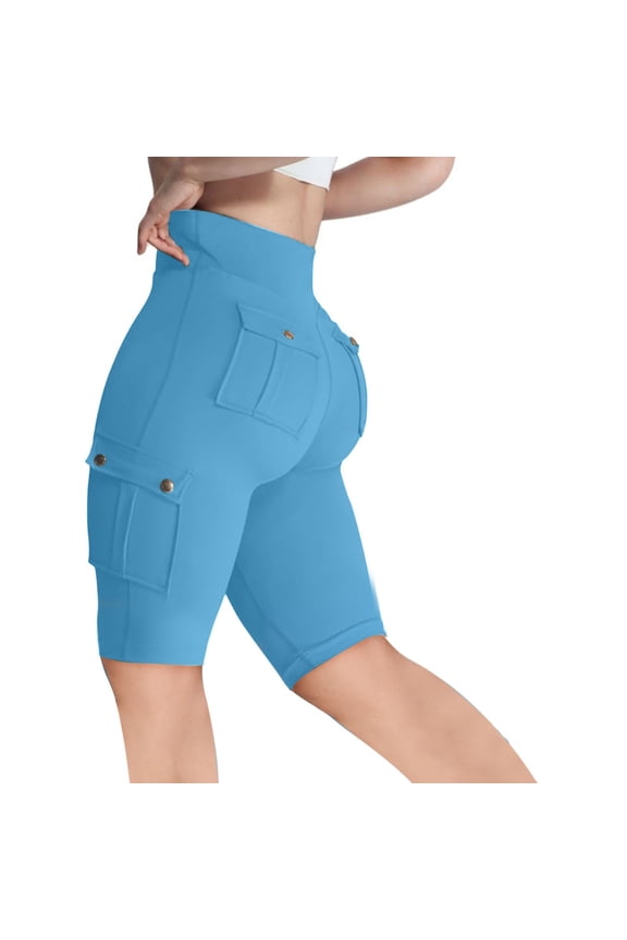 Women's Biker Shorts with Tummy Control and High Waist Cargo Style Long Leggings with Back Flap Pockets Knee-Length Butt Lifting Yoga Shorts for Gym Workout Khaki XL