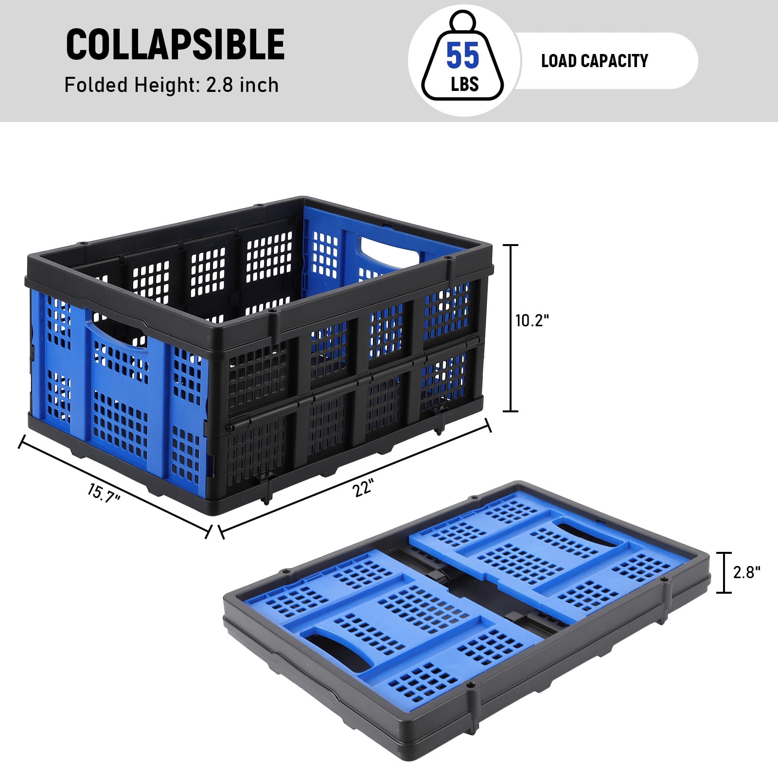 Heavy-Duty 55L Collapsible Plastic Storage Crate – Stackable, Collapsible Utility Bin with Handles – Multi-Purpose Organizer Basket for Home, Office, Garage, Kitchen, Study Room – Blue