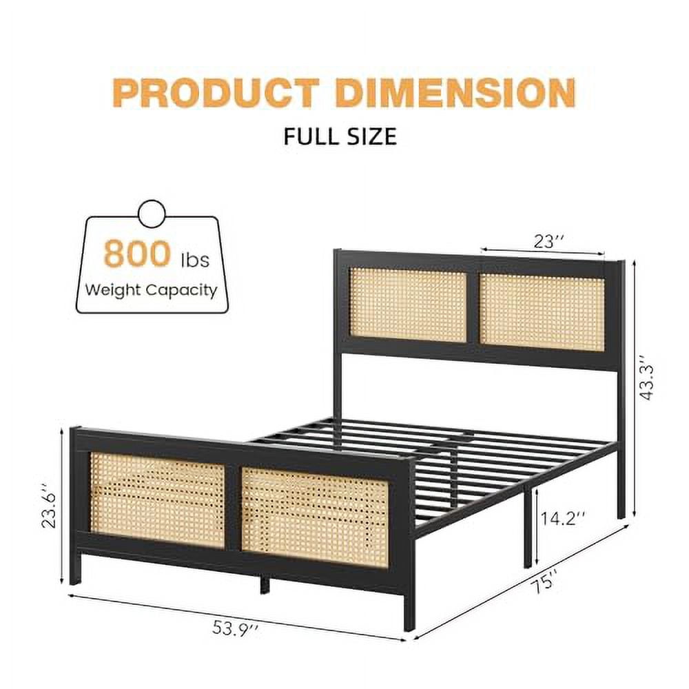 Bed Frame with Headboard, Bohemian Rattan Platform Bed Frame with Strong Metal Slats Support, No Box Spring Needed, Noise-Free Design