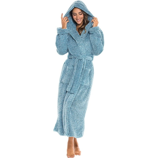 Women's Plush Fleece Robe with Hood, Long Warm Solid Bathrobe