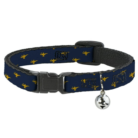 Disney Breakaway Cat Collar With Bell, Plastic Clip, Easy Adjustable, Aladdin Genie Lamp Monogram Navy Gold, 8.5 to 12 Inches 0.5 Inch Wide