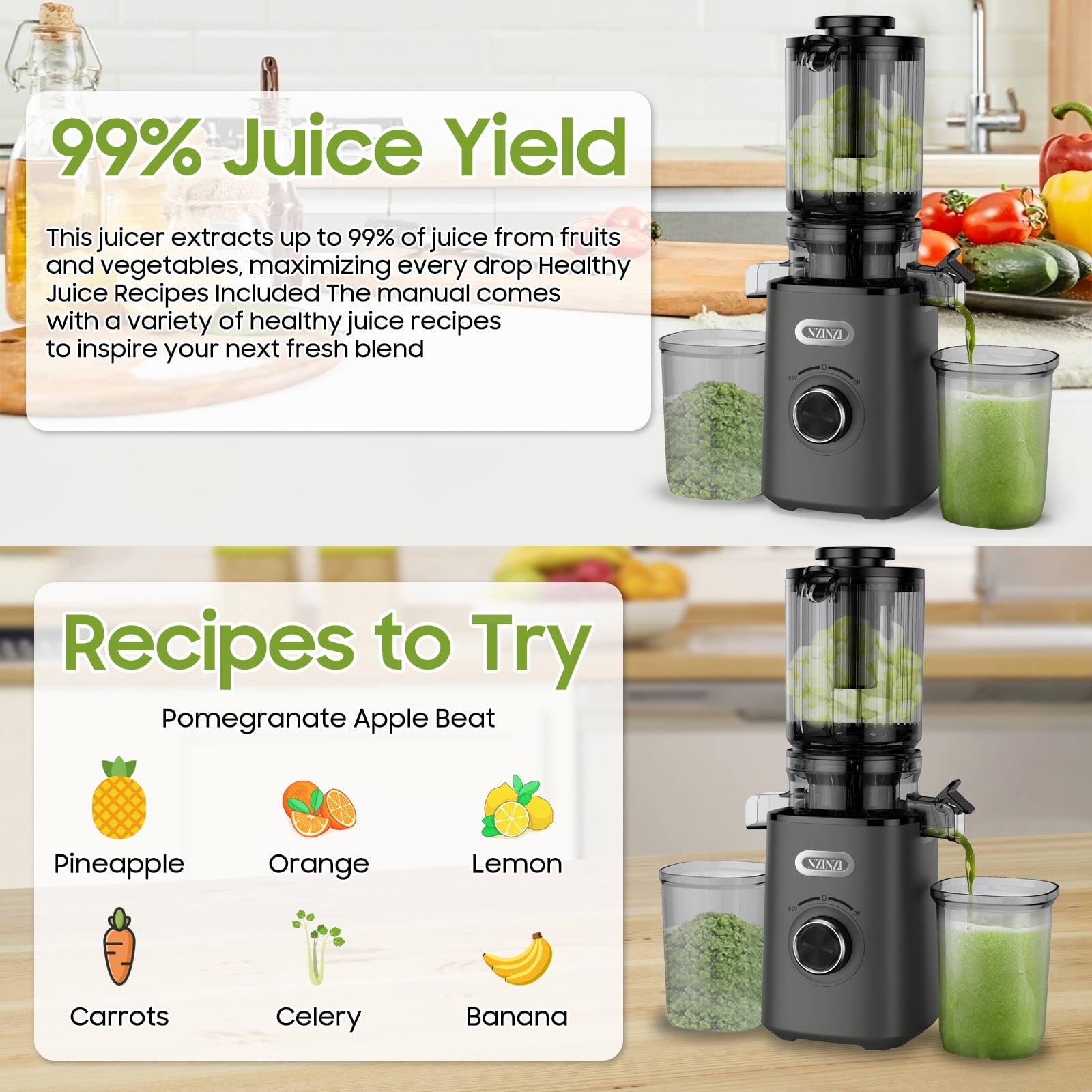 NZINZI 50-Speed Juice Press Electric Juicer, Gray