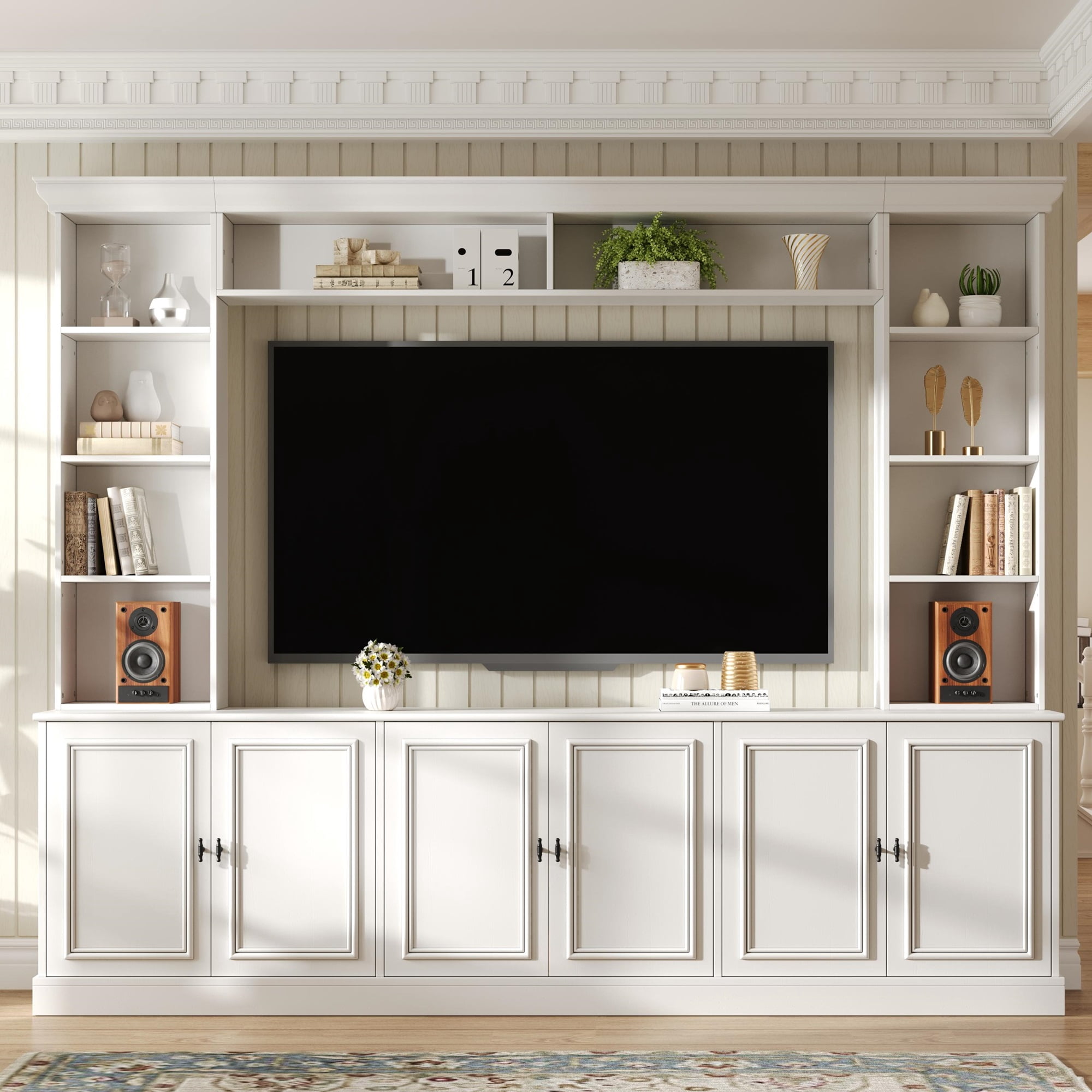 EUROCO 97.4"W Elegant 4-Piece Wall Unit Entertainment Center with Bookshelf for TVs Up to 70", Versatile TV Stand with Adjustable Shelf, Mid-Century Media Console for Living Room
