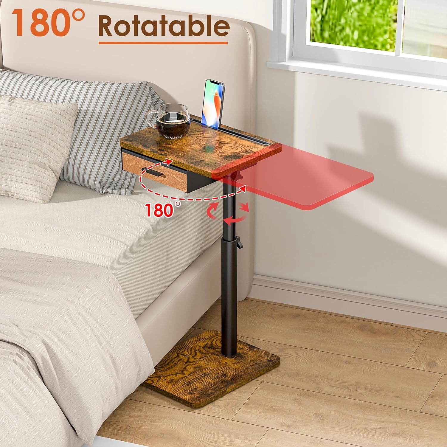 TV Tray Table with Swivel Top, Drawer, and Height Adjustment for Eating, Working, or as a Sofa Desk in Living Room or Bedroom