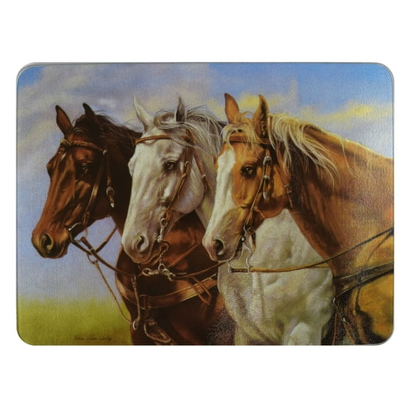 Rivers Edge Products Large 12in x 16in Decorative Tempered Glass Cutting Board, Hypoallergenic, Non Slip, Textured Surface Chopping Board for Kitchen, Cute Horse Equine Design, Three of a Kind