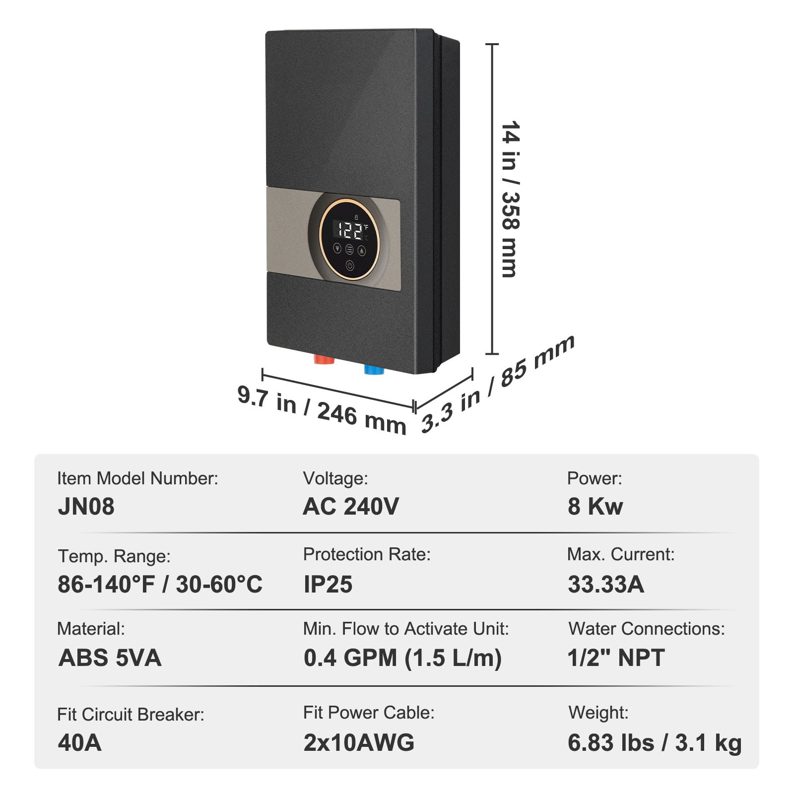 8kW On-Demand Tankless Water Heater, Digital Display, Easy Install, 24H Supply, ETL Listed for Kitchen/Bath/Shower/Salon