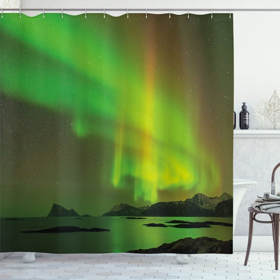 Ambesonne Aurora Borealis Shower Curtain, Tranquil View, 69"Wx70"L, Lime and Reseda Green