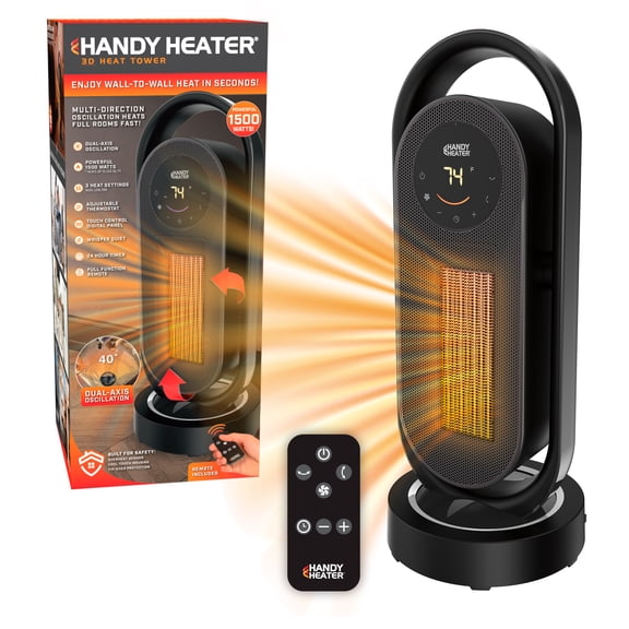 Handy Heater 3D Heat Tower 1500W Oscillating Space Heater with Remote, Adjustable Thermostat and Timer, Black
