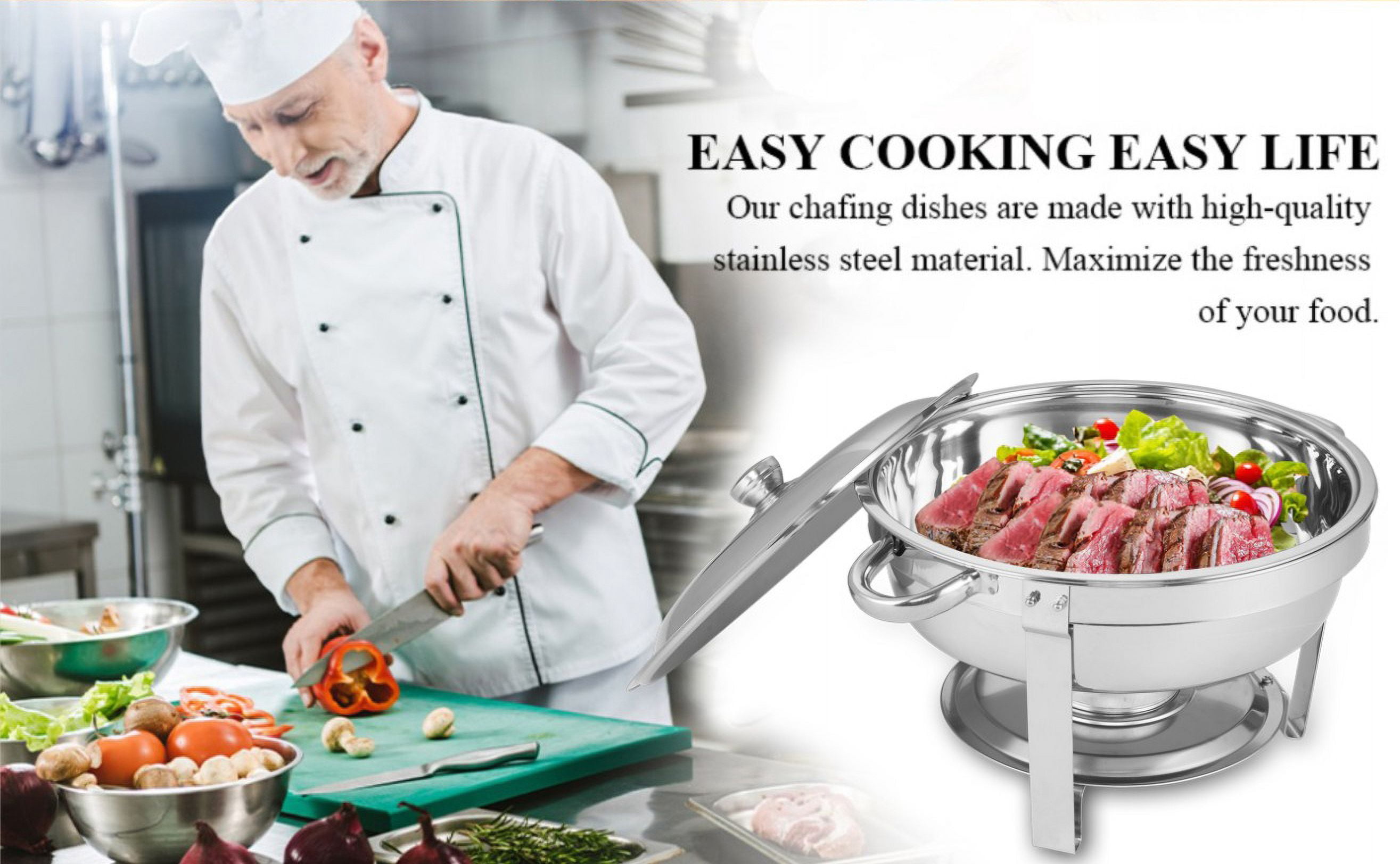 Round Buffet Catering Dish Set of 4 with Stainless Steel Construction, 5-Quart Chafing Dish for Parties and Events, Silver