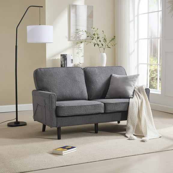 Mid-Century Modern Loveseat Sofa, 2-Seater Couch with USB & Removable Pillow Covers, Comfy Small Sofa for Living Room, Bedroom & Apartment, Gray