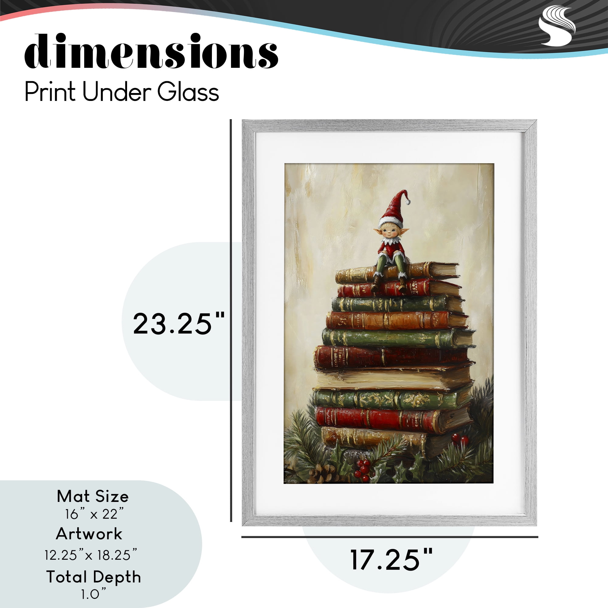 Christmas Elf Bookstack Gray Framed Print Under Glass, design by Petal Prints Design