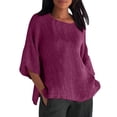 thumbnail image 1 of T-Shirts d'Été pour Femmes Manches 3/4 Col Rond Imprimé Floral Ample Tunique en Lin Décontractée, 1 of 6