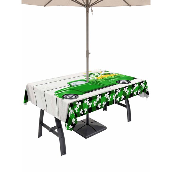 Outdoor Tablecloth with Umbrella Hole and Zipper, Saint Patrick's Day Rectangle Table Cloth 60x84 Inch Waterproof Tablecloth, Spring Green Grass Truck Gray Wood Plaid Picnic Table Cover for Patio