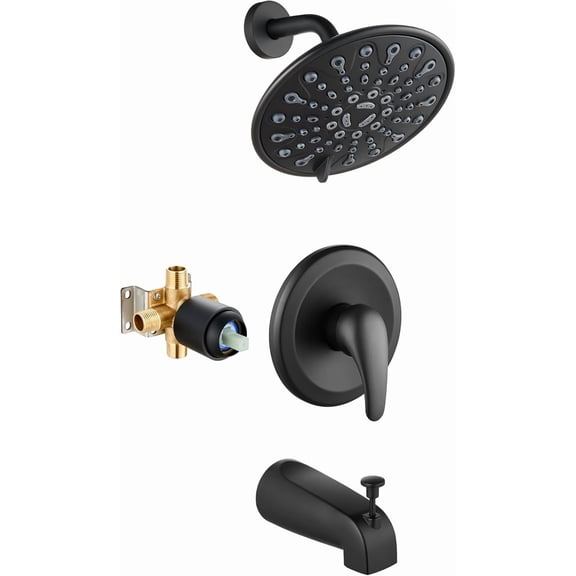 Tub Shower Faucet Set Shower Head and Handle Set 6 Modes 6 inch Bathroom Trim Kit with Tub Spout High Pressure Shower System Combo with Valve Round Showerhead Matte Black