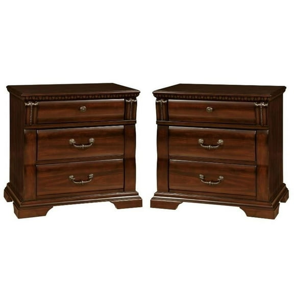 Oulette Transitional Wood 3 Drawer Nightstand in Cherry Set of 2