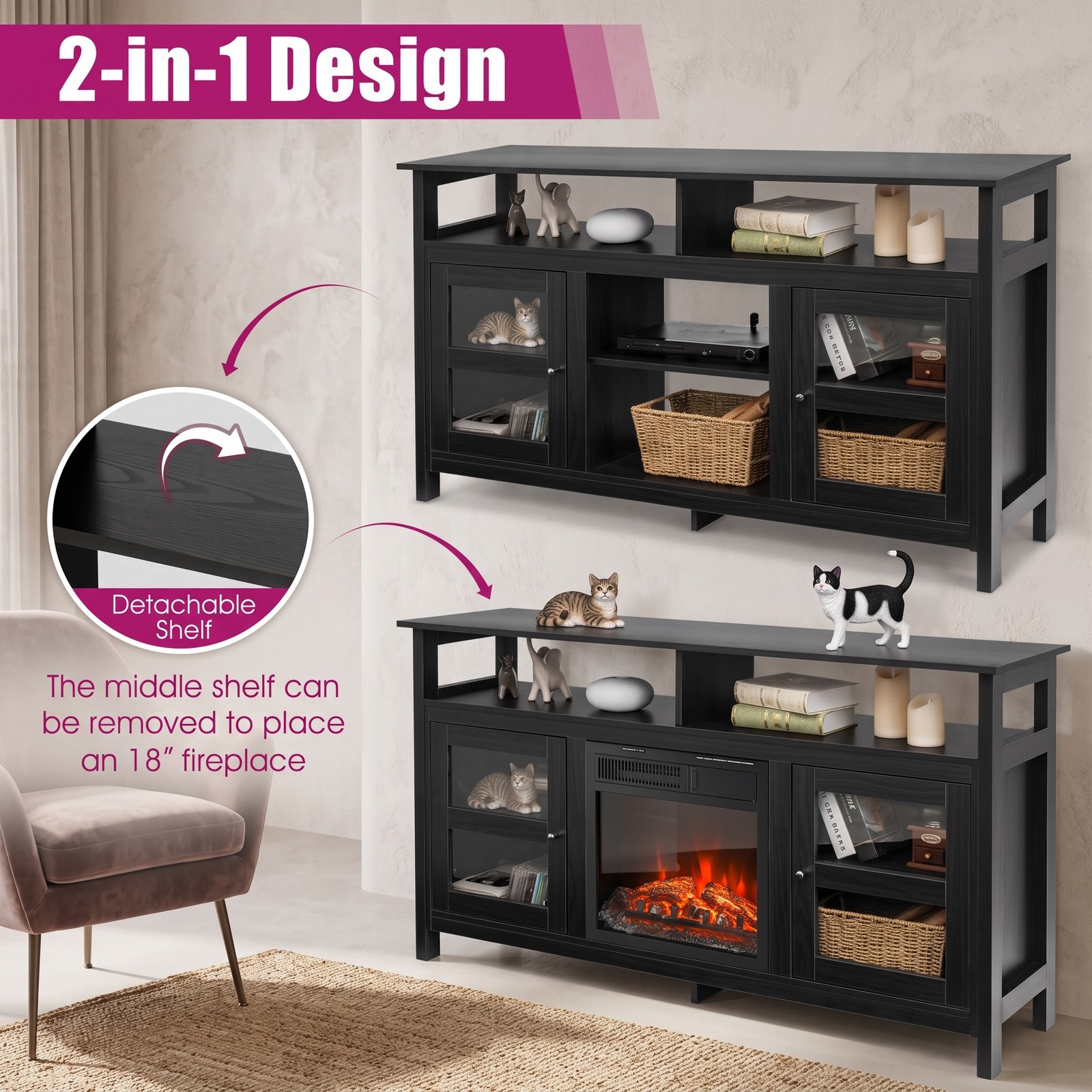 Furnibear 58 Inch TV Stand Entertainment Center Media Console with 2 Acrylic Door Cabinets, Fireplace Ready Open Shelves and Cable Management for TVs up to 65, Black