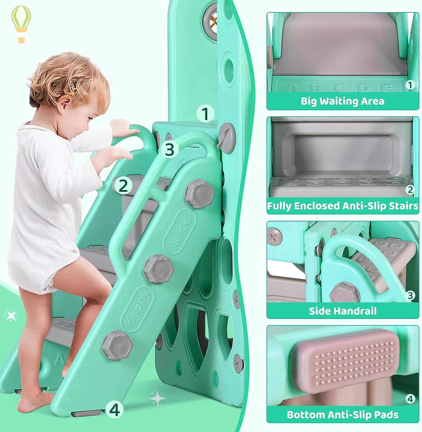 LAZY BUDDY Kids Slide and Swing Set, Toddler Swing Set with Basketball Hoop, Storage Space, Outdoor Indoor Playground for Toddlers 2+