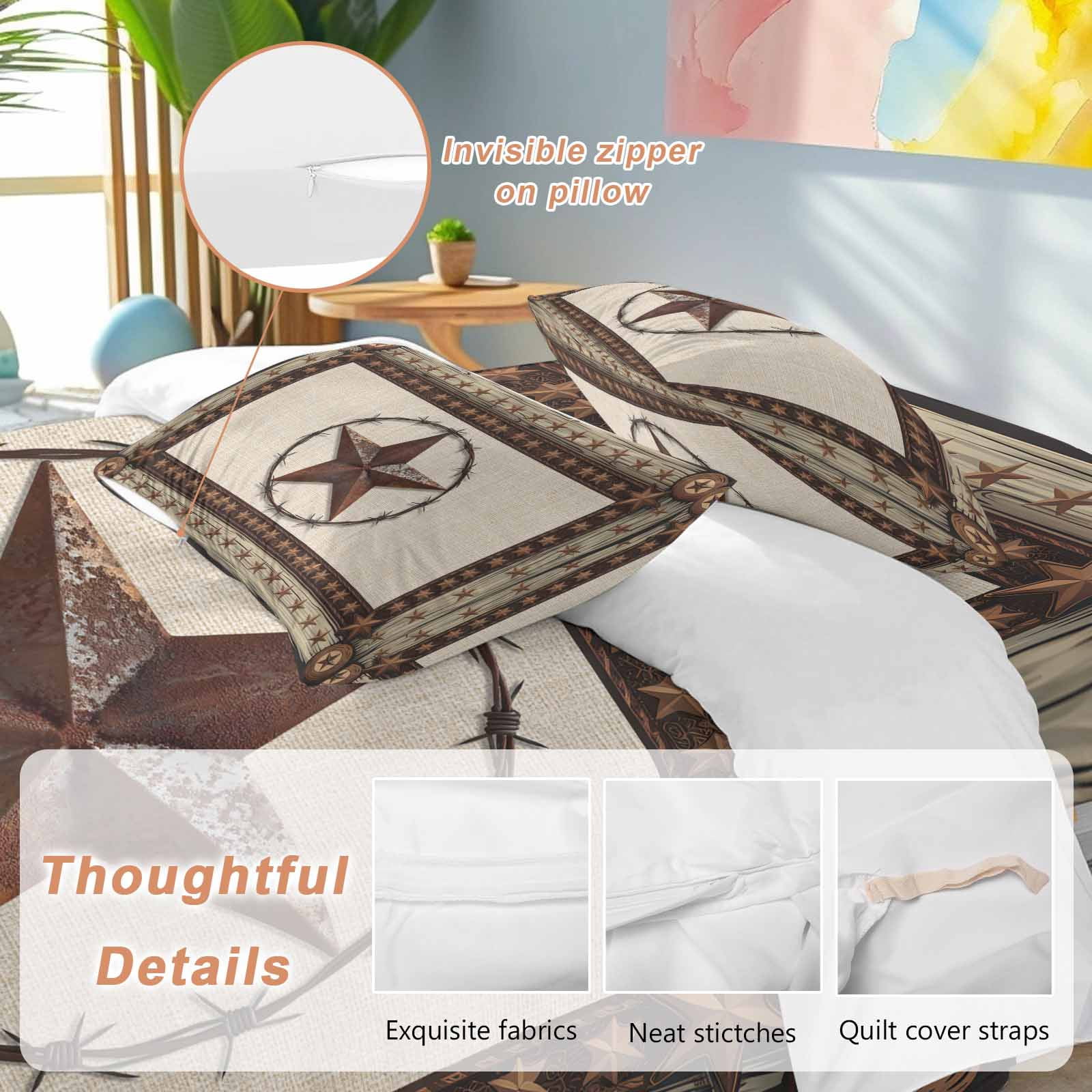 Cal King 4 Piece Bedding Set Country Star Texas Farm Wood Plank Soft Breathable Duvet Cover and Pillowcase,Farmhouse Vintage Linen Duvet Cover Set Washable Bed Sheets for Bedroom Dormitory Guest Room