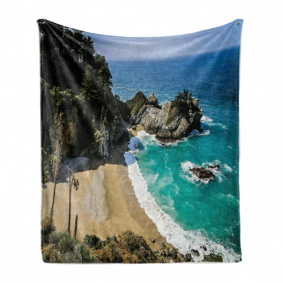 Big Sur Soft Flannel Fleece Throw Blanket, Pfeiffer State Park in USA Tropic Coastal View Aerial Look Ocean and Beach, Cozy Plush for Indoor and Outdoor Use, 50" x 70", Multicolor, by Ambesonne