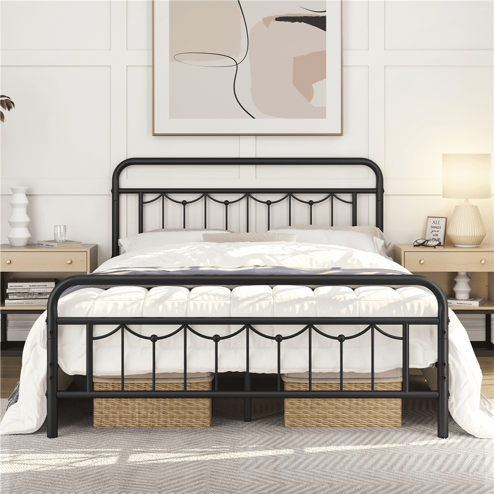 Alden Design Metal Platform Full Bed with Vintage Headboard, Adult, Black
