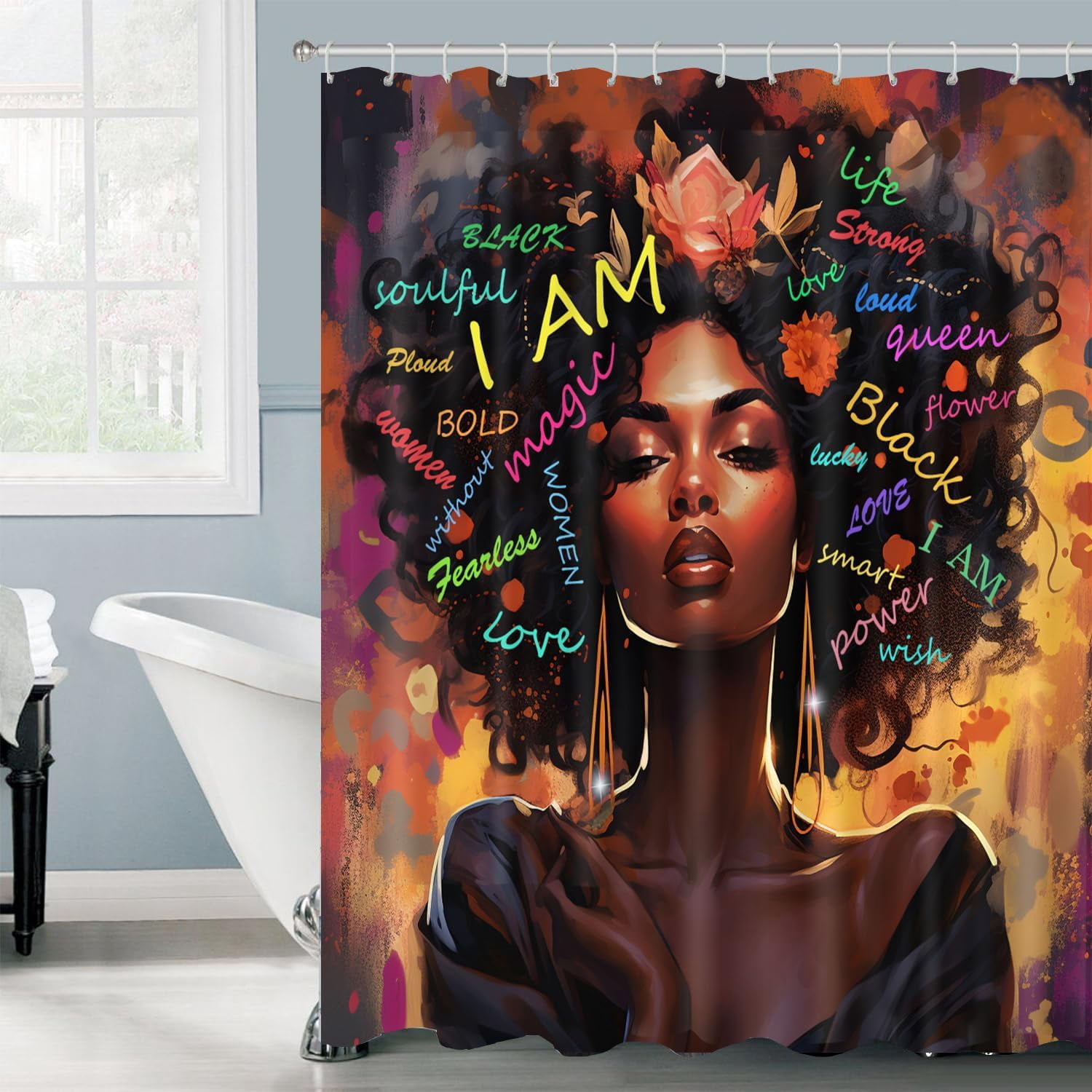 4PCS African King and Queen Shower Curtain Sets with Rugs African American Couple Bathroom Sets with Waterproof Bath Curtains I Choose You Shower Curtains with 12 Hooks Bath Mat 71x71inch