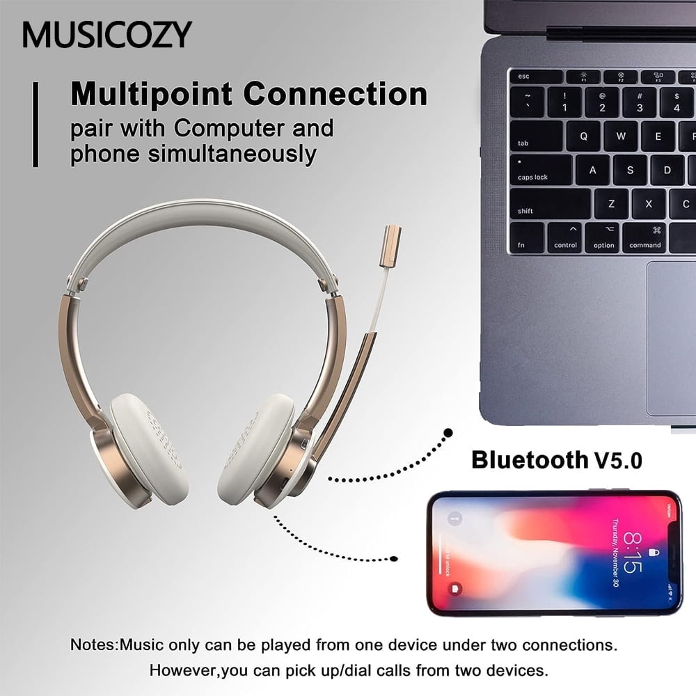 MUSICOZY Bluetooth Headset with Microphone, Wireless Headphones with Noise Cancelling Mic, 26hrs talktime, On Ear Headphones with Mic Mute for Mac/Laptop/Zoom/Teams/Call Center/Office/Home Gold
