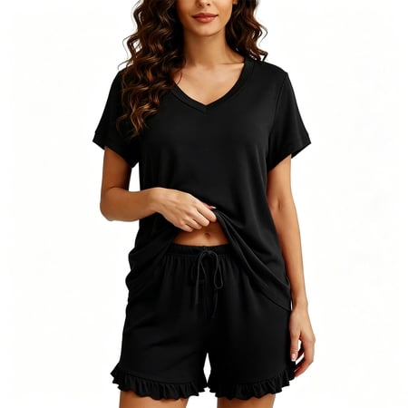 qolati Pajamas for Women Set Soft V Neck Short Sleeve Sleepwear 2 Piece Pjs Set with Ruffled Shorts Casual Loungewear Summer Vacation Matching Outfits