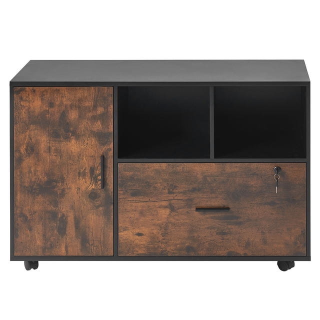 KFFKFF Wood File Cabinet, Mobile Filing Cabinet with Open Shelves, Lockable Lateral Rolling File Storage with Adjustable Shelves, Free Standing Printer Stand