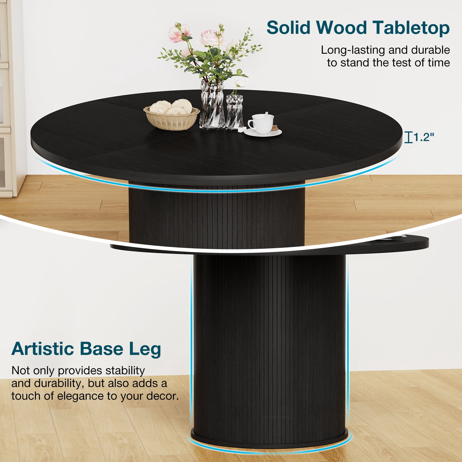 Hommpa 48" Round Dining Table Morden Kitchen Table Wood for 4 with Wood Slide Door for Kitchen Living Room,Heavy Duty Pedestal Base,Black